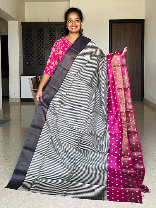 Black and Magenta Tussar Silk Saree with Prints