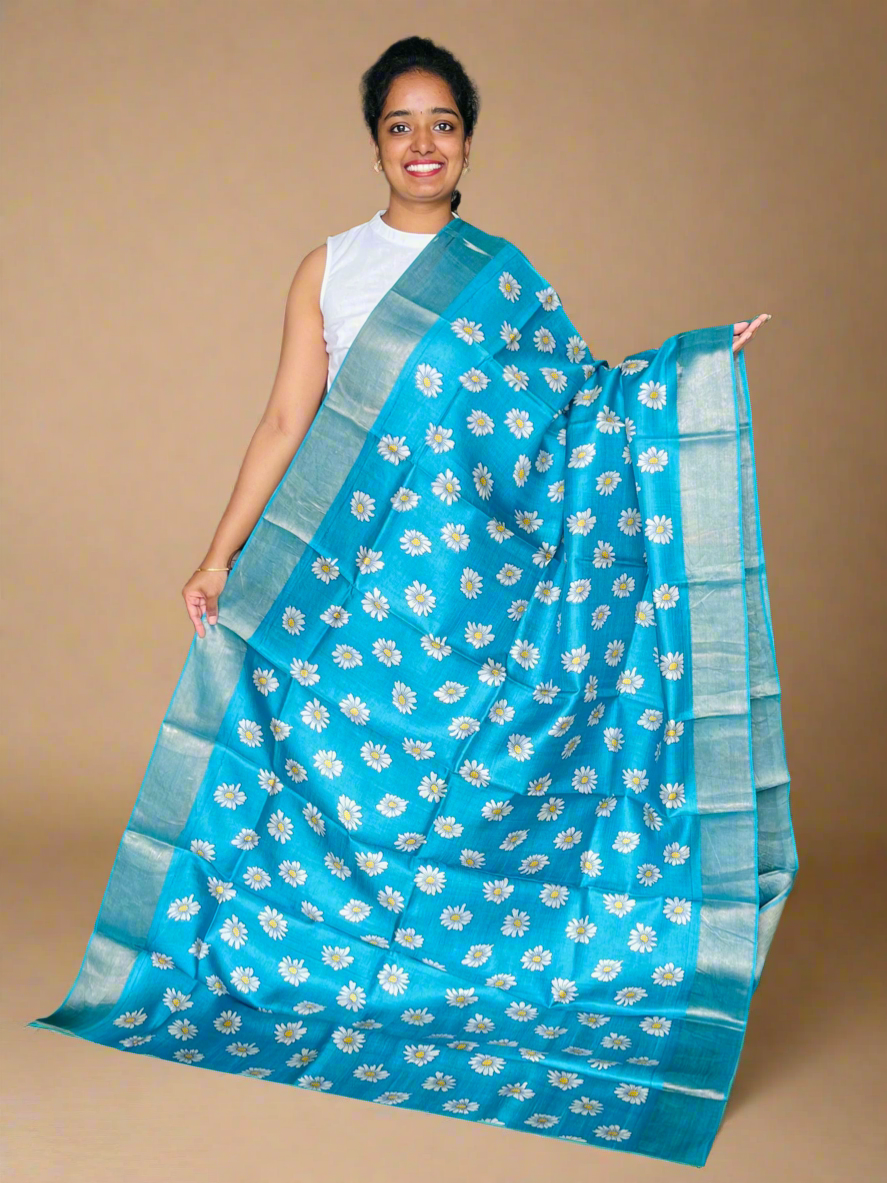 Sky Blue Tussar Silk Saree with Prints