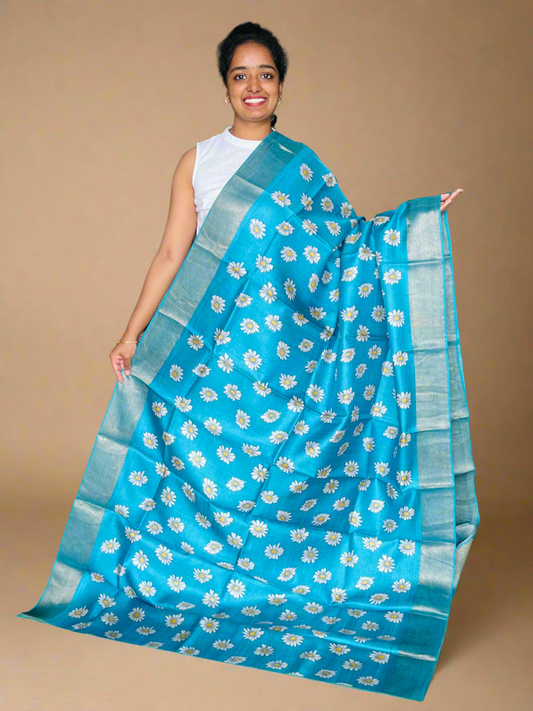 Sky Blue Tussar Silk Saree with Prints