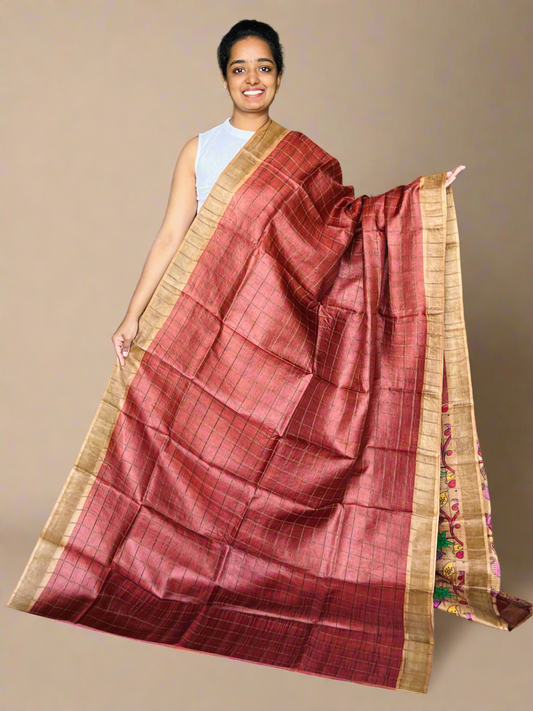 Brown and Sandal Tussar Silk Saree with Prints
