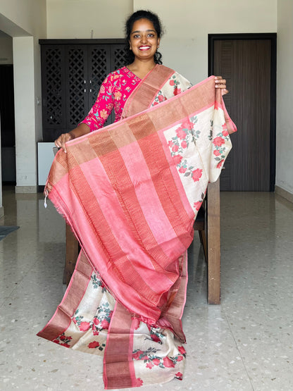 Cream and Peach Tussar Silk Saree with Prints