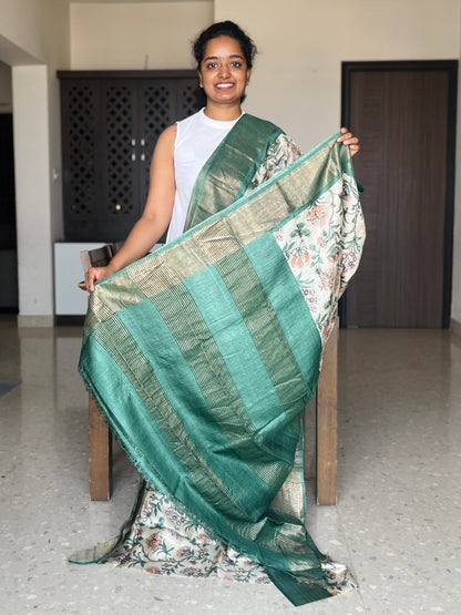 Cream and Green Tussar Silk Saree with Prints