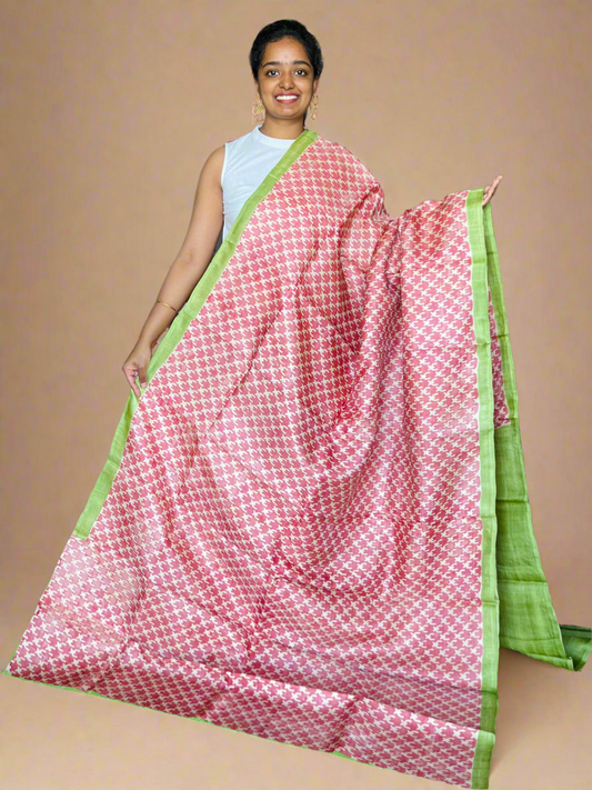 Pink and Green Tussar Silk Saree with Prints