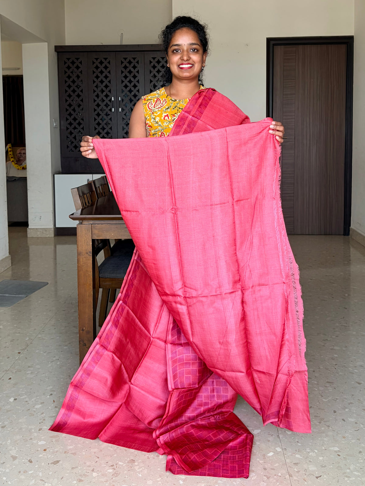 Peach Tussar Silk Saree with Prints
