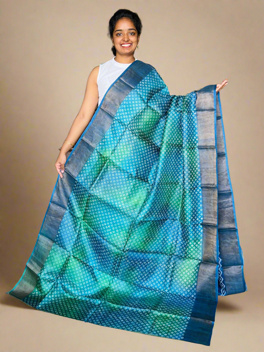 Green and Blue Tussar Silk Saree with Prints