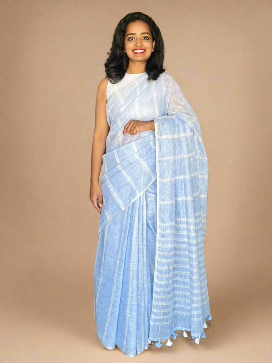 Denim Blue Linen Saree With Woven Stripes