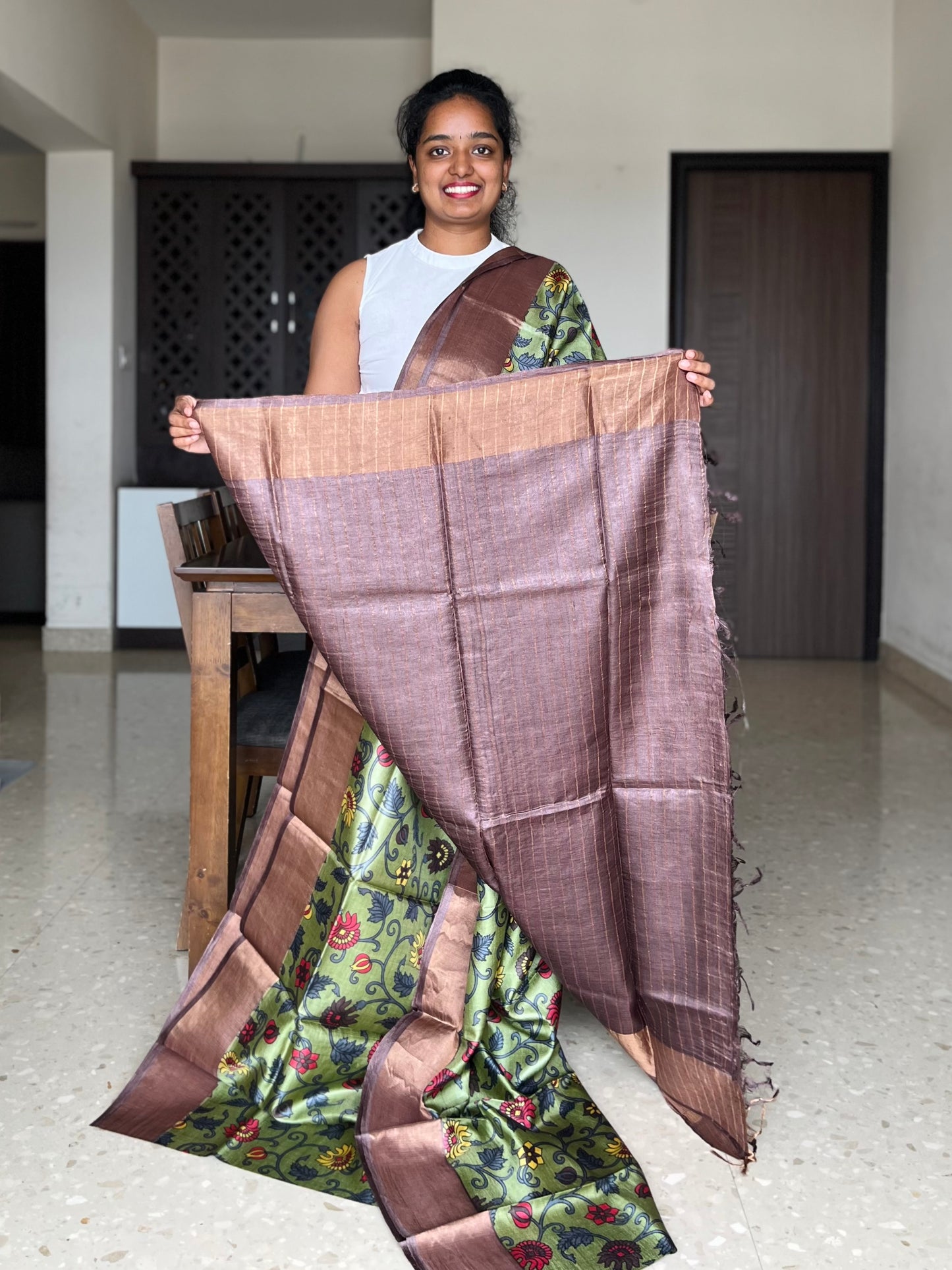 Green and Brown Tussar Silk Saree with Prints