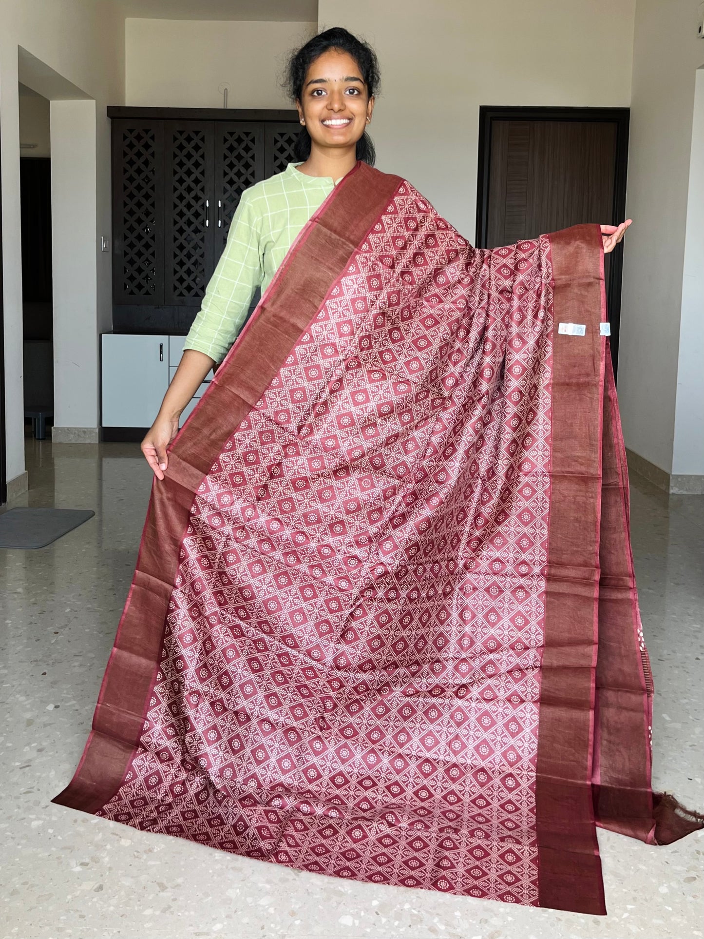 Brick Maroon Tussar Silk Saree with Prints