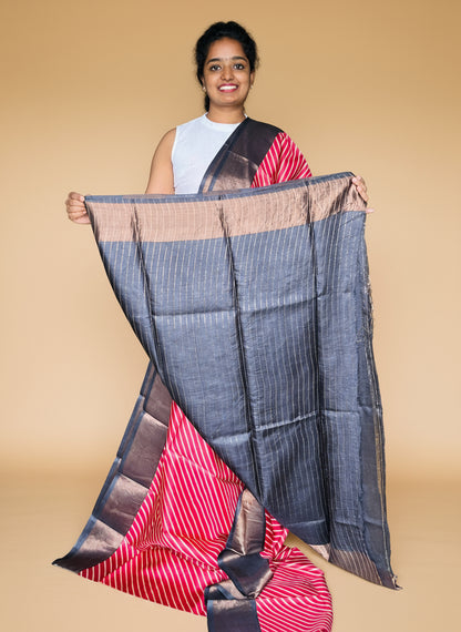 Red and Black Tussar Silk Saree with Prints