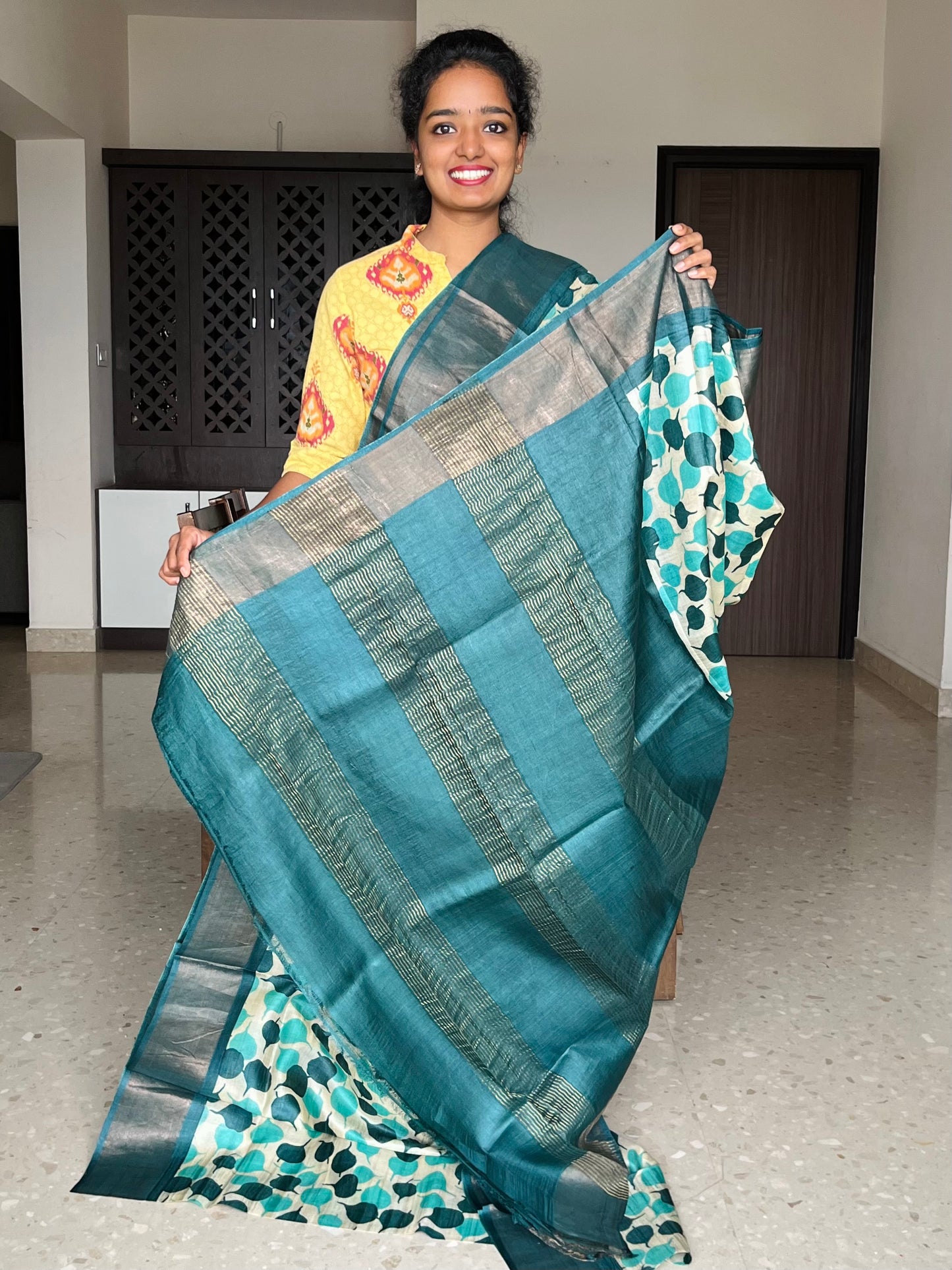 Cream and Teal Tussar Silk Saree with Prints