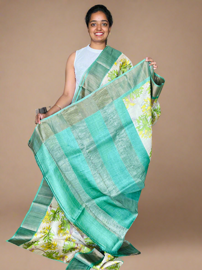Cream and Green Tussar Silk Saree with Prints