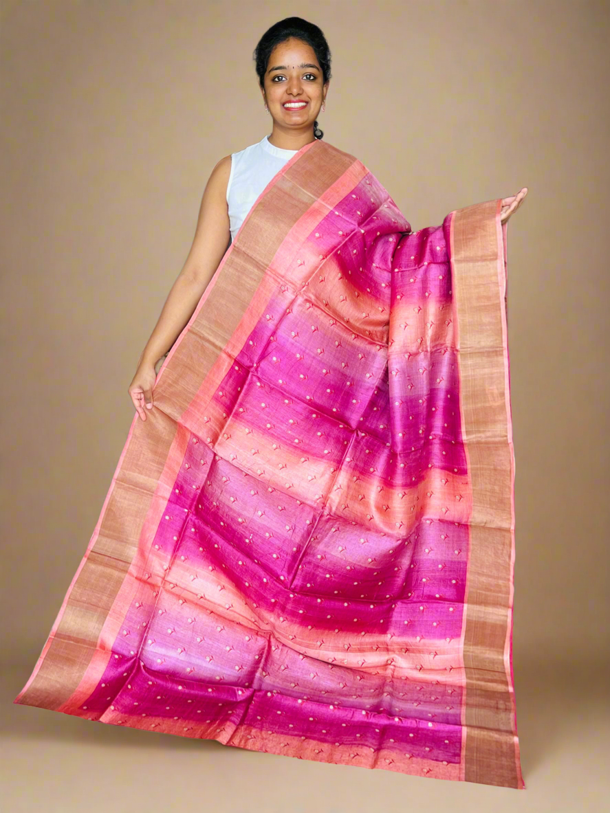 Pink and Peach Tussar Silk Saree with Prints