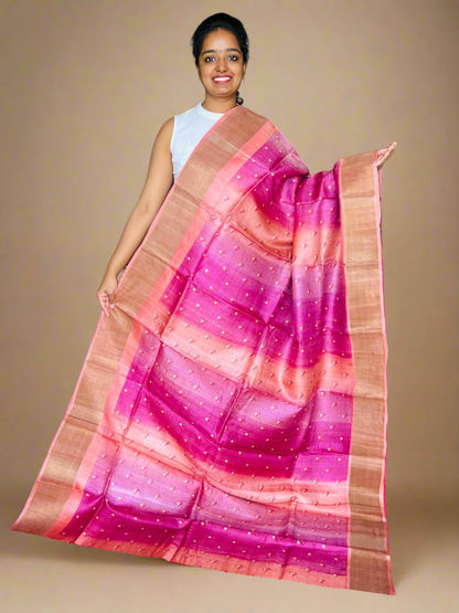 Pink and Peach Tussar Silk Saree with Prints