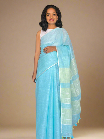 Blue and Green Linen Saree