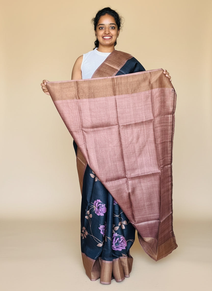 Black and Brown Tussar Silk Saree with Prints