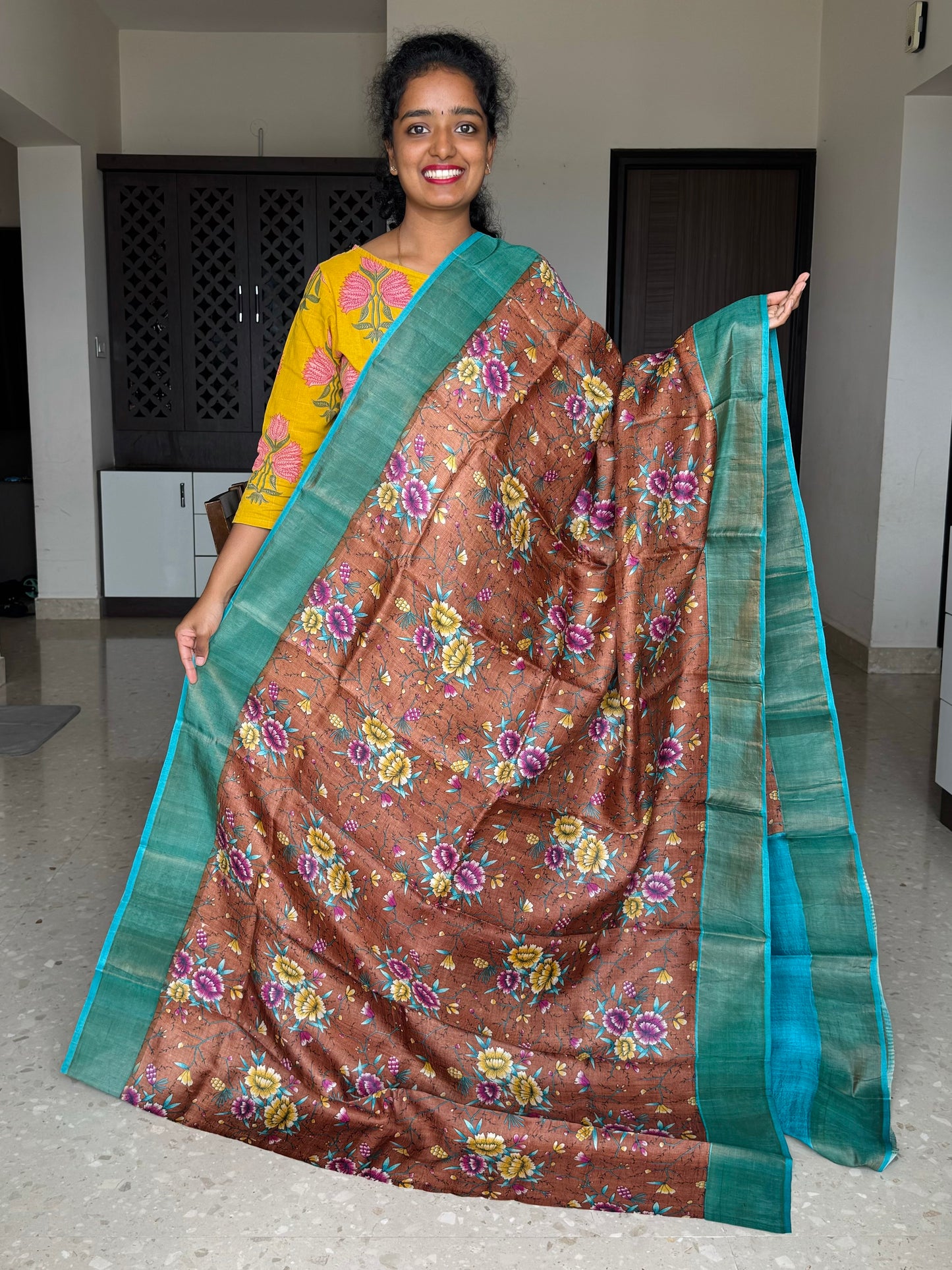 Brown and Blue Tussar Silk Saree with Prints