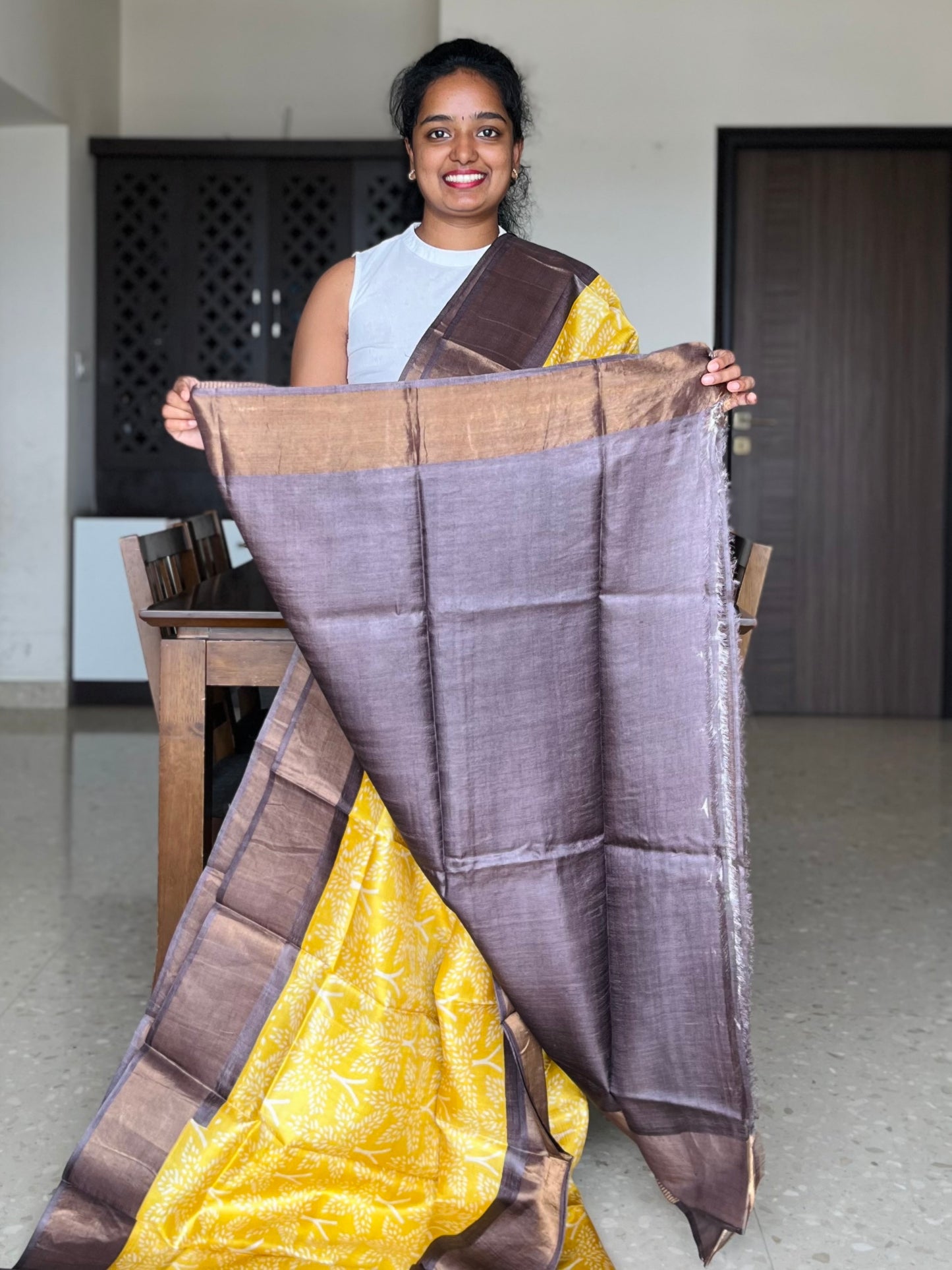 Yellow and Brown Tussar Silk Saree with Prints