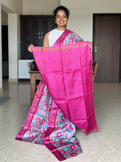 Pink and Magenta Tussar Silk Saree with Prints