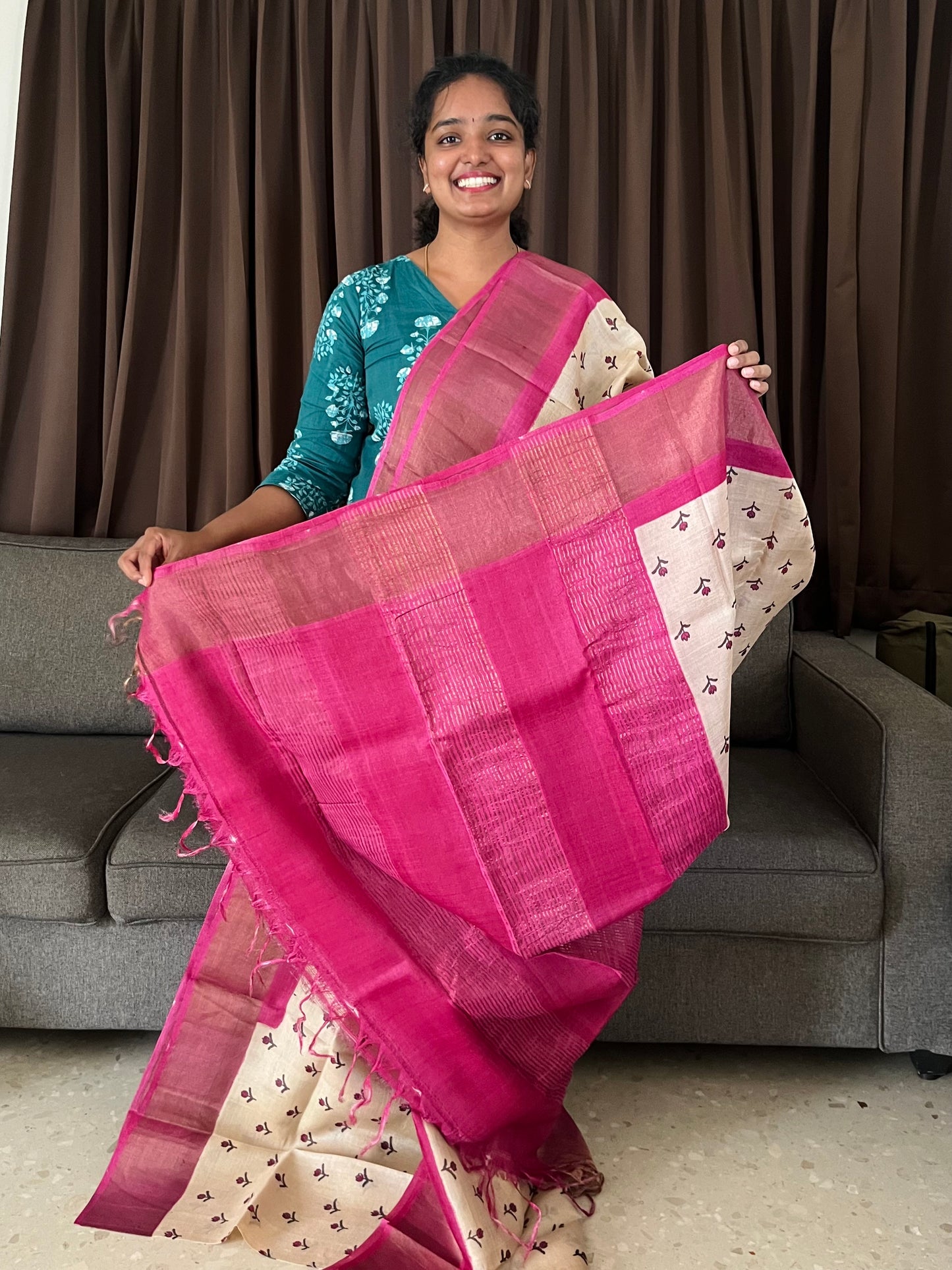 Cream and Magenta Tussar Silk Saree with Prints