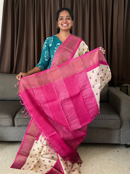 Cream and Magenta Tussar Silk Saree with Prints