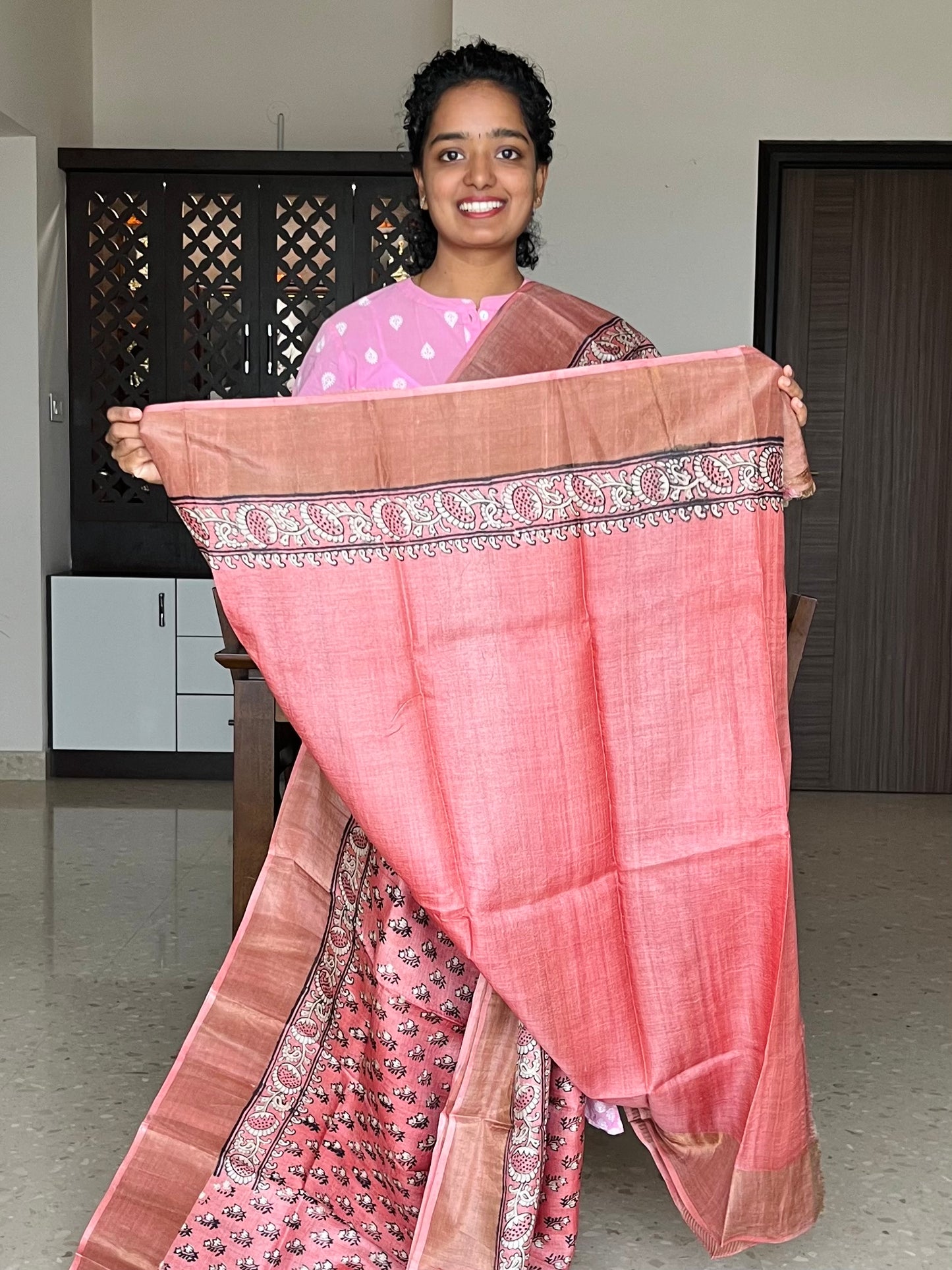 Baby Pink Tussar Silk Saree with Prints