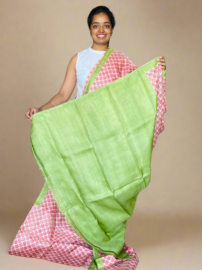 Pink and Green Tussar Silk Saree with Prints