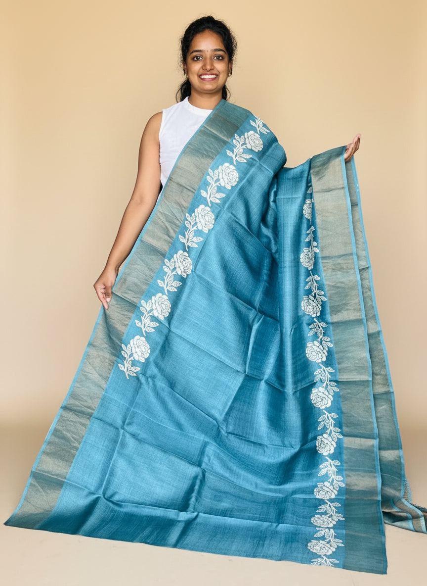 Grey Tussar Silk Saree with Prints