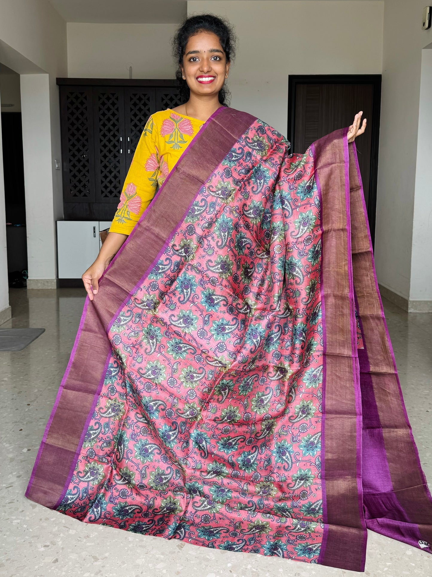 Pink and Purple Tussar Silk Saree with Prints