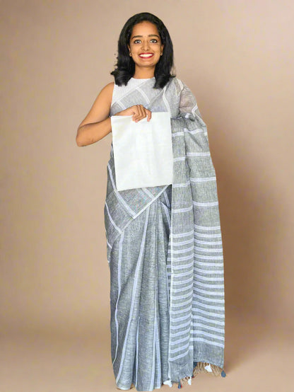 Grey Linen Saree With Woven Stripes