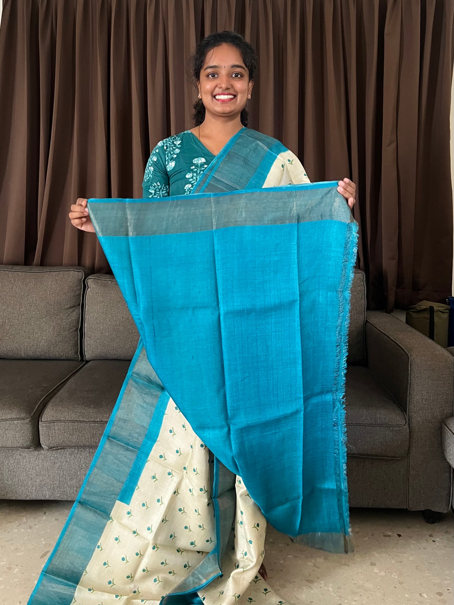 Cream and Blue Tussar Silk Saree with Prints