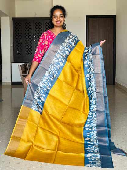 Yellow and Grey Tussar Silk Saree with Prints