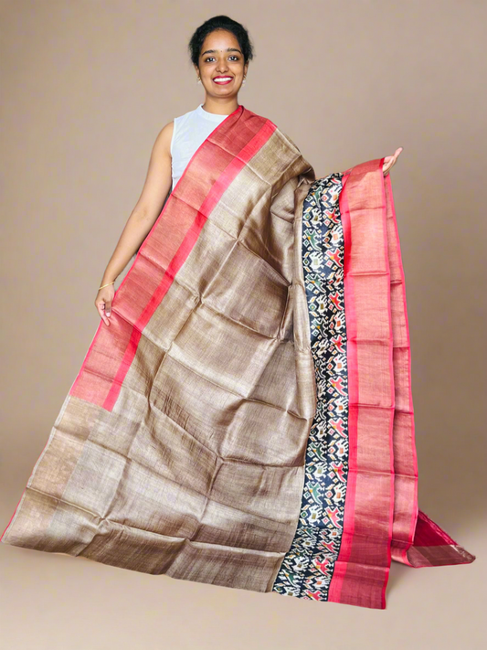 Brown and Red Tussar Silk Saree with Prints