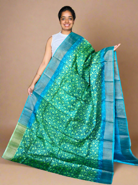 Green and Blue Tussar Silk Saree with Prints