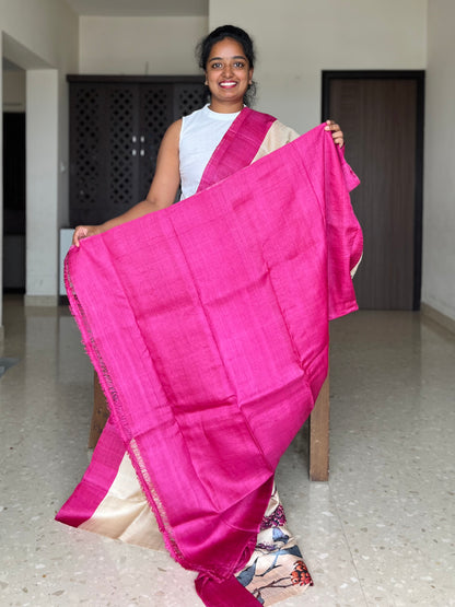 Cream and Magenta Tussar Silk Saree with Printsr