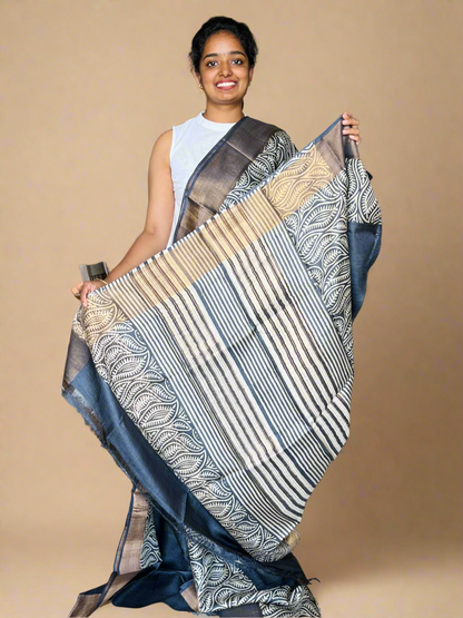 Black Tussar Silk Saree with Prints