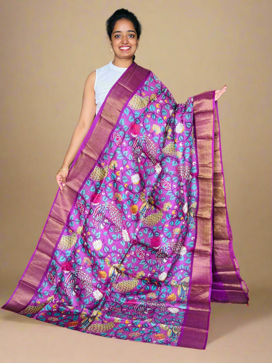 Violet Tussar Silk Saree with Prints