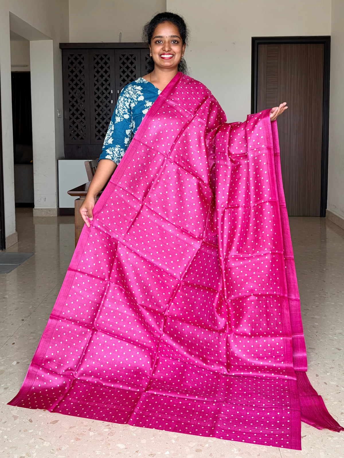 Magenta Tussar Silk Saree with Prints