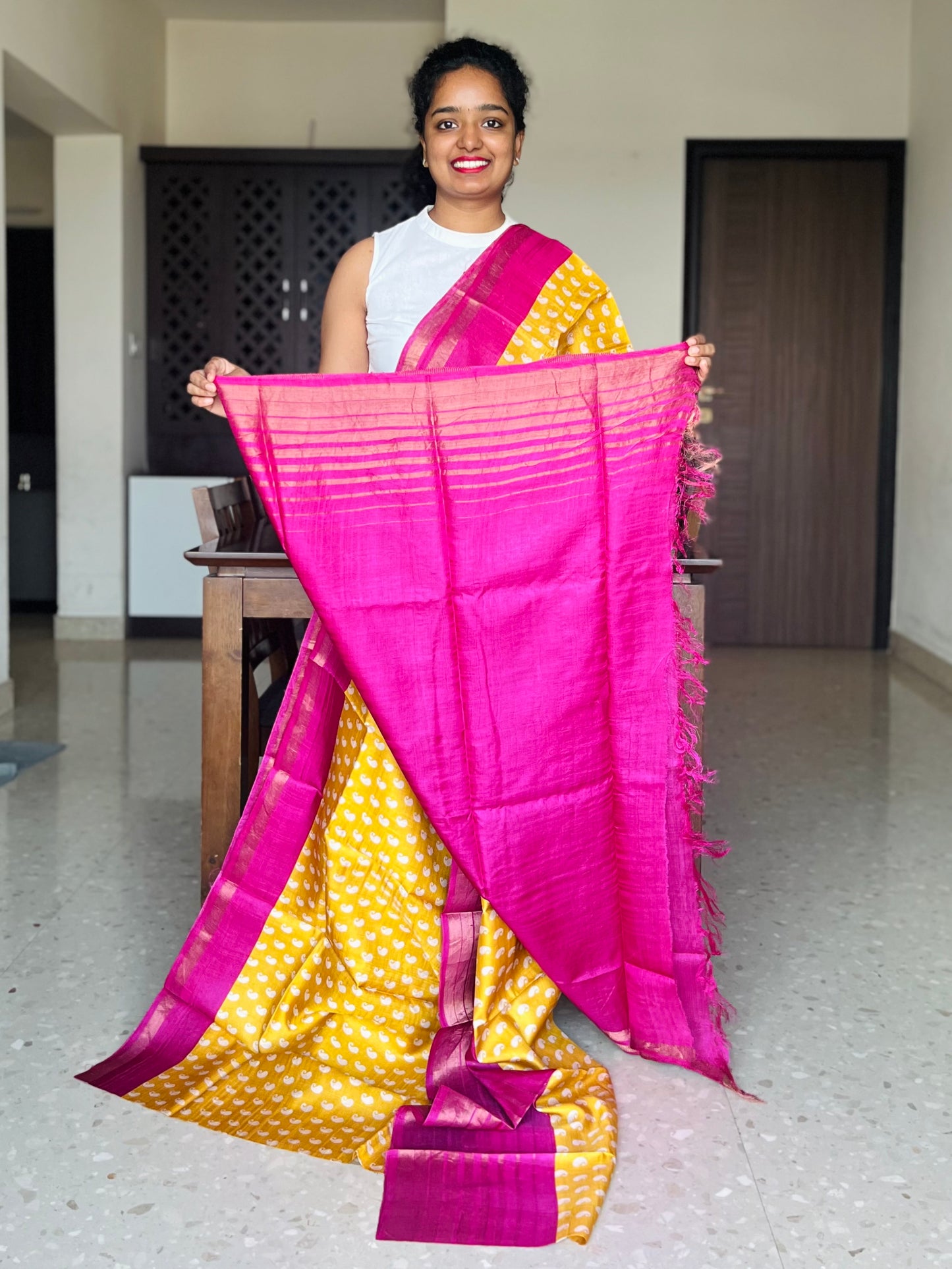 Yellow and Magenta Tussar Silk Saree with Prints