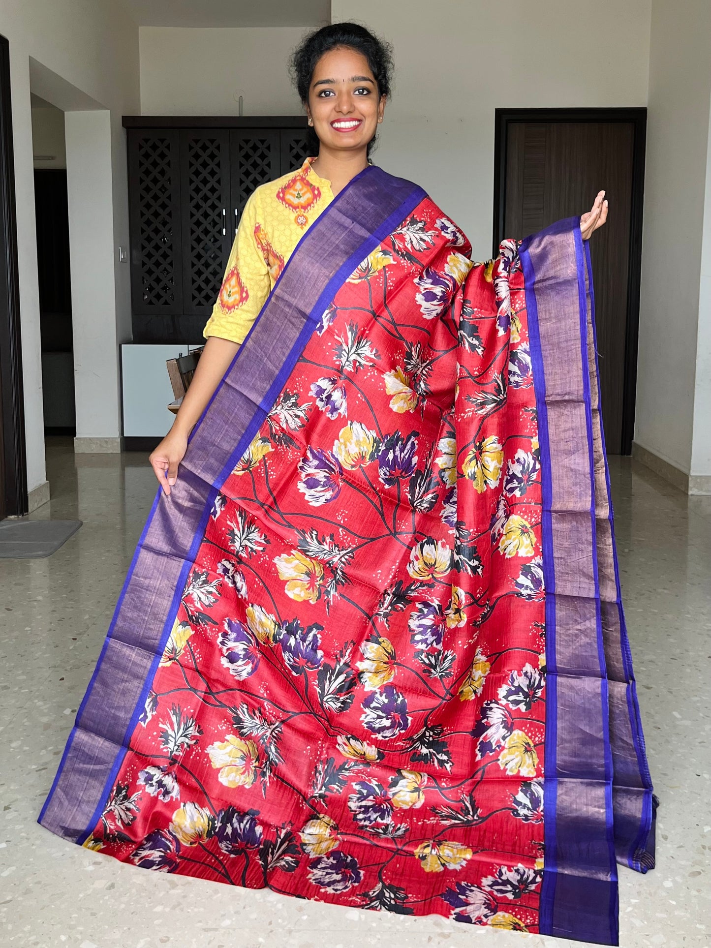 Red and Violet Tussar Silk Saree with Prints