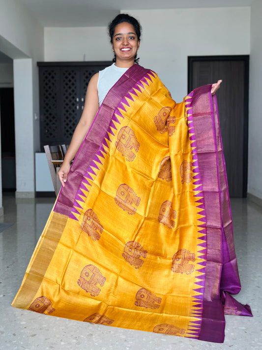 Yellow and Purple Tussar Silk Saree with Prints