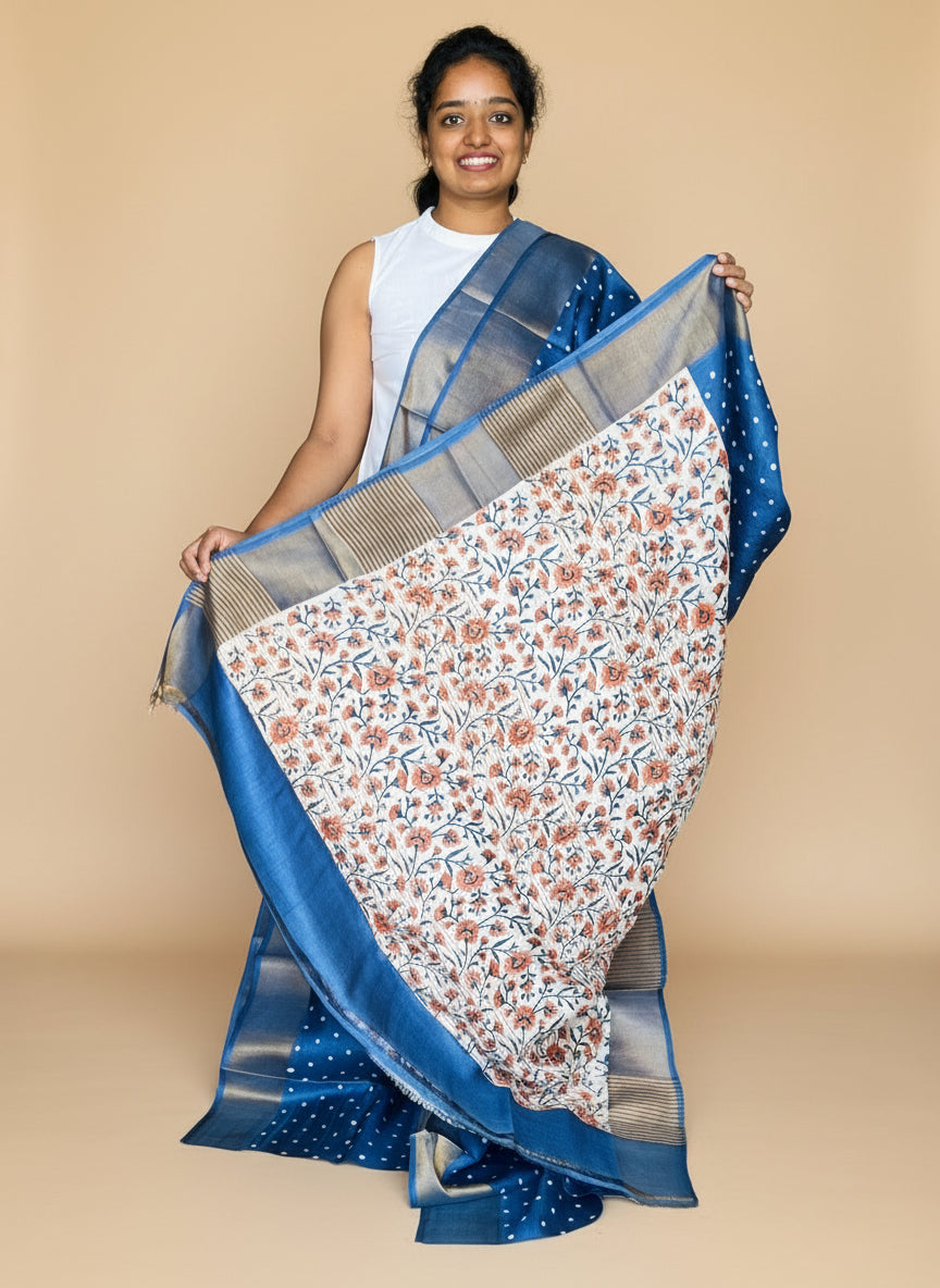 Royal Blue Tussar Silk Saree with Prints