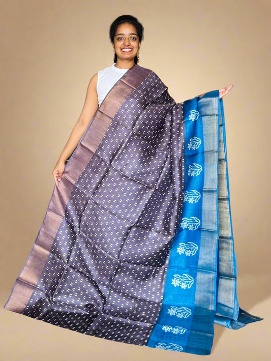 Plum and Blue Tussar Silk Saree with Print