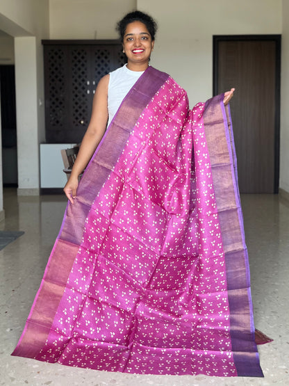 Pink and Purple Tussar Silk Saree with Prints