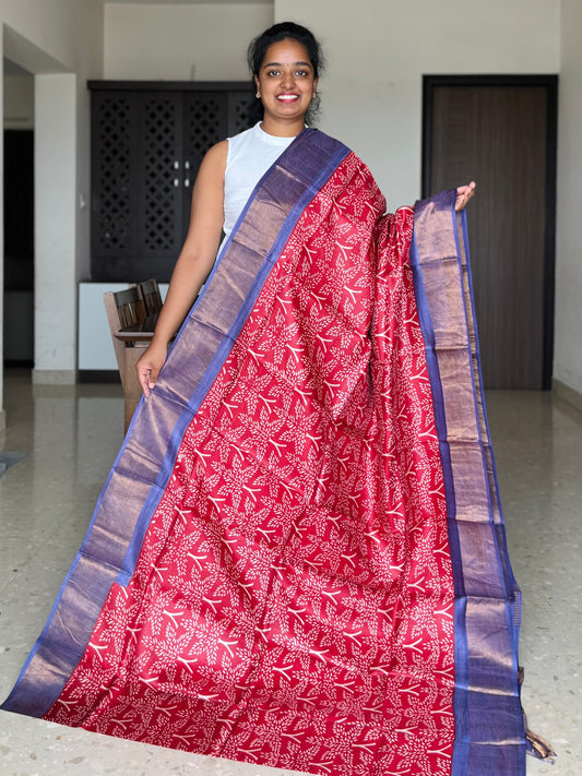 Red and Violet Tussar Silk Saree with Prints