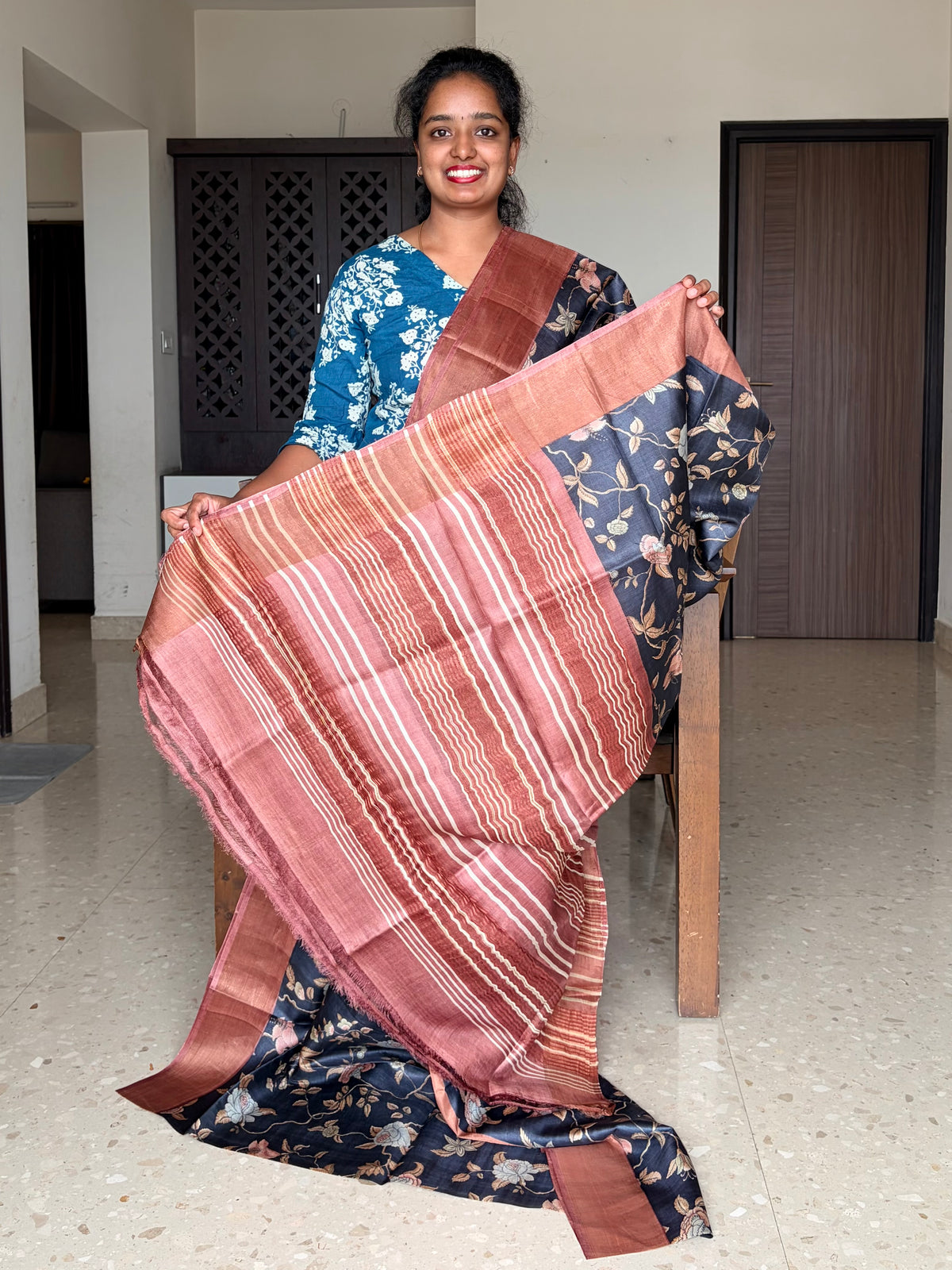 Black and Brown Tussar Silk Saree with Prints