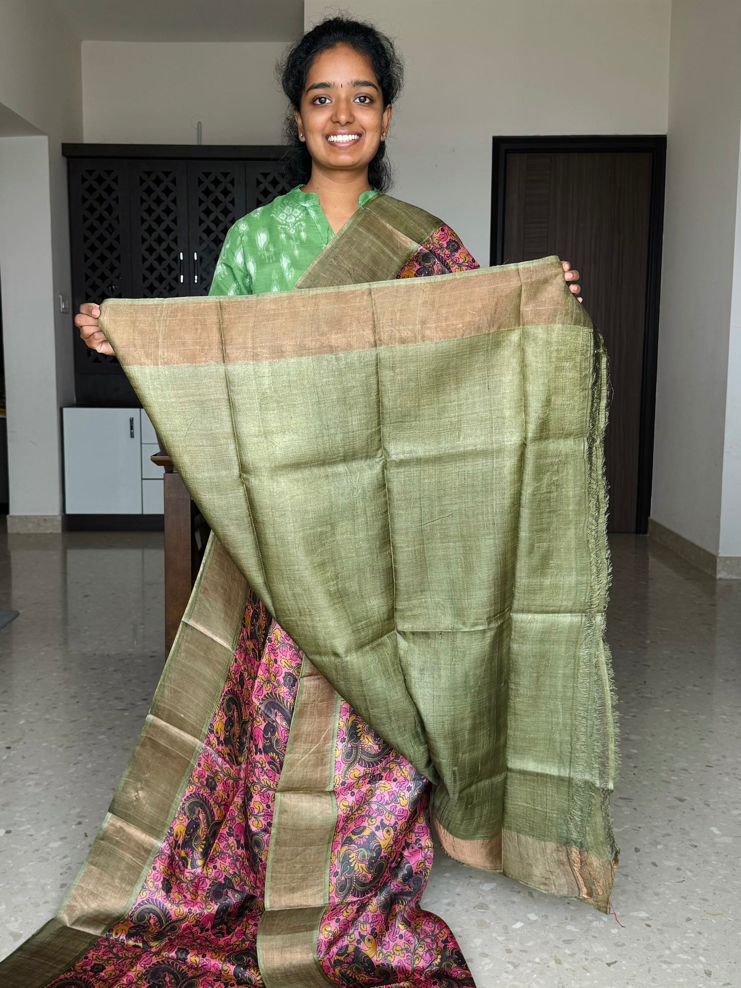 Peach and Olive Green Tussar Silk Saree with Prints