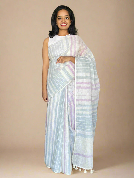 White  Linen Saree With Woven Pink and Grey Stripes