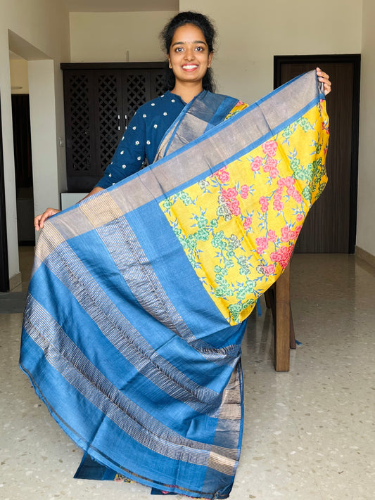 Yellow and Navy Blue Tussar Silk Saree with Prints