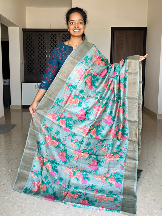 Olive Green Tussar Silk Saree with Prints