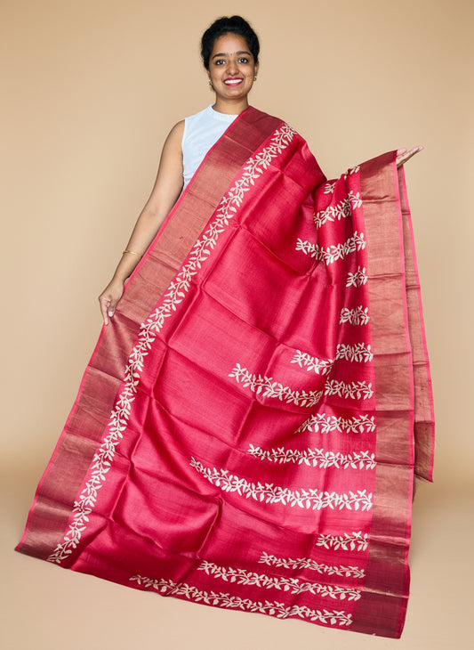 Red Tussar Silk Saree with Prints
